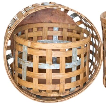 Homeroots Set of Three Natural Wicker And Galvanized Metal Woven Baskets, 3PK 636193