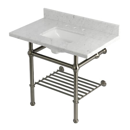 Kingston Brass 36-Inch Carrara Marble Console Sink with Brass Legs and Shelf, 8-Inch, 3-Hole KVPB3630MBSQB8
