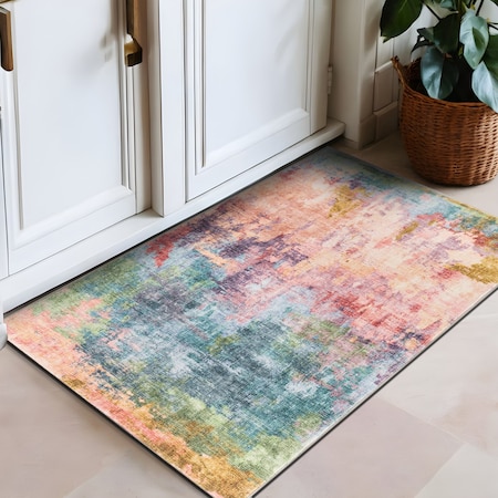 World Rug Gallery Contemporary Distressed Abstract Washable Non Slip Area Rug 2 ft x 3 ft Multi WR82MULTI2X3
