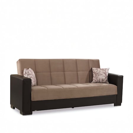 Homeroots 87" Sand And Brown Chenille And Faux Lthr Convertible Futon Sleeper Sofa And Toss Pillows w/Storage 607171