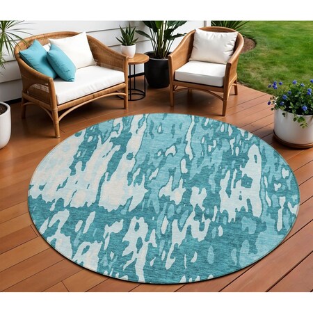 Homeroots 8' Teal Blue And Ivory Round Abstract Washable Indoor Outdoor Area Rug 613376
