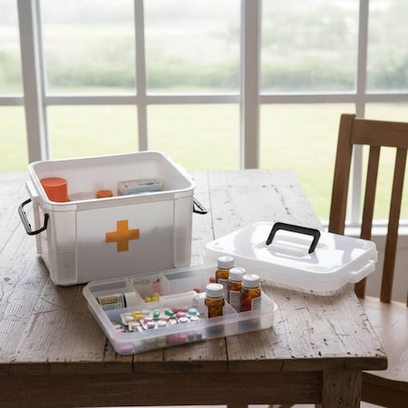 Basicwise White Large Empty Medical Box for Home Emergency Supplies, w/ Handle, Detachable Tray and Locking Lid QI003347