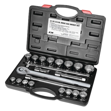 Performance Tool 21 pc. 3/4 in. Dr. Socket Set, SAE, 12pt Sockets, Ratchet, Case W34904