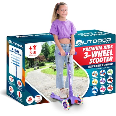 Outdoorcruiser Outdoor Cruiser 3-Wheel Kids Scooter, Lean-to-Steer, LED Wheels, Adjustable, Purple, Ages 3-8 OCKSPUR