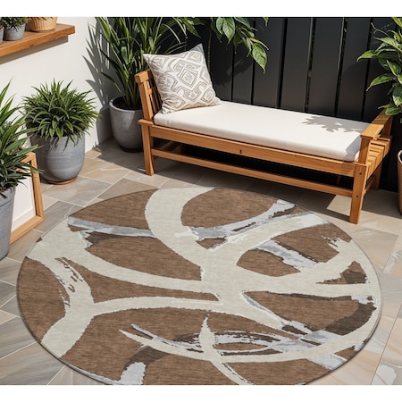 Homeroots 8' Brown Beige And Gray Round Abstract Washable Indoor Outdoor Area Rug 599114