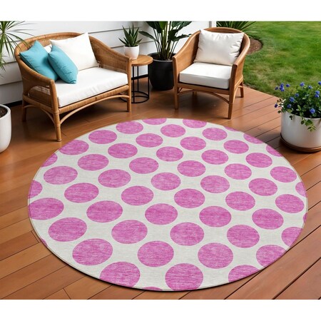 Homeroots 8' Blush And Ivory Round Polka Dot Washable Indoor Outdoor Area Rug 614877