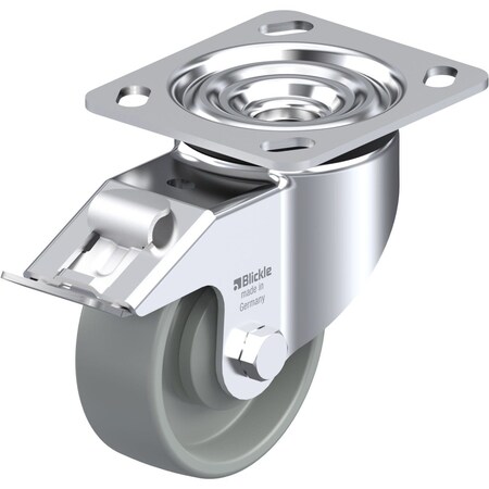 Blickle Swivel Plate Caster, Gray Nylon, 4", Brake, Load Rating: 615 lb. LK-POG 100KA-14-FI