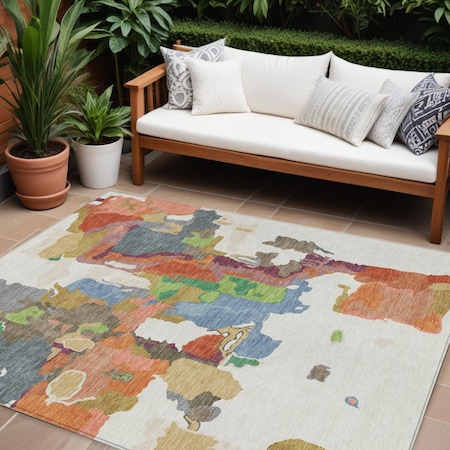 Homeroots 9' X 12' Ivory Pink And Green Abstract Washable Indoor Outdoor Area Rug 599584