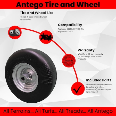 Antego Set of 2-11x4.00-5 Flat Free  - Compatible with Hustler 605113, 607009 Models -, 2PK A53007605918SPS114005