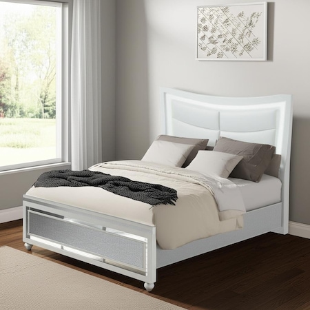 Homeroots White and Silver Faux Crystal Bling Wood And Upholstery Lighted King Bed Frame 564760