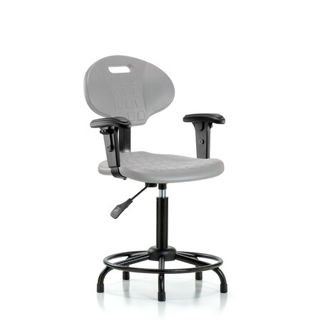 Blue Ridge Ergonomics Poly Chair Round Tube Base-Medium Bench Height with Adjustable Arms & Stationary Glides in Gray Poly PMBCH-RT-T0-A1-RG-GRY