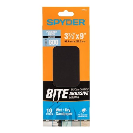 Spyder 3-2/3-Inch x 9-Inch 600 Grit Silicon Carbide Wet/Dry Sandpaper Sheets, 10PK 500023