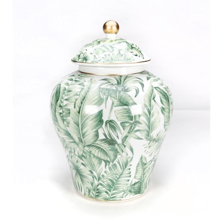 Aa Importing 14 in. Tropical Leaf Ginger Jar, Green with Gold Accents 67081