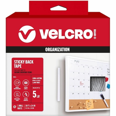 Velcro Brand Reclosable Fastener, 30 ft, 3/4 in W, White 91138