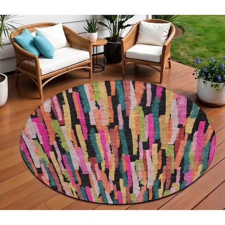 Homeroots 8' Pink Black And Green Round Striped Washable Indoor Outdoor Area Rug 603229