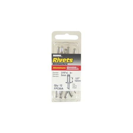 Surebonder Pop Rivet, Long, 1/2 in L, Aluminum, 12PK FPC68A