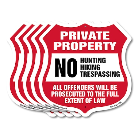 Signmission Private Property Shield Sign No Hunting, 12 inch X 12 inch, Aluminum Metal Sign, 5PK SHI-A-5Pack-12-446