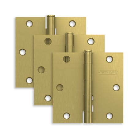Schlage Residential Pack of 3 3-1/2in x 3-1/2in Square Corner Hinges Satin Brass Finish, 3PK S3P1010FRP608