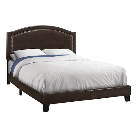 Homeroots Brown Solid Wood Queen Upholstered Linen Bed Frame with Nailhead Trim 333306