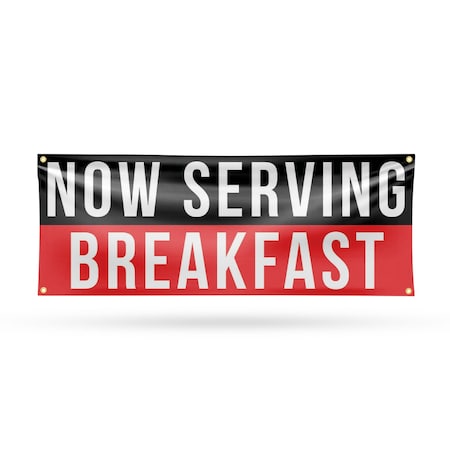 Signmission Now Serving Breakfast, 18 Inch x 48 Inch, Vinyl Banner B-30764
