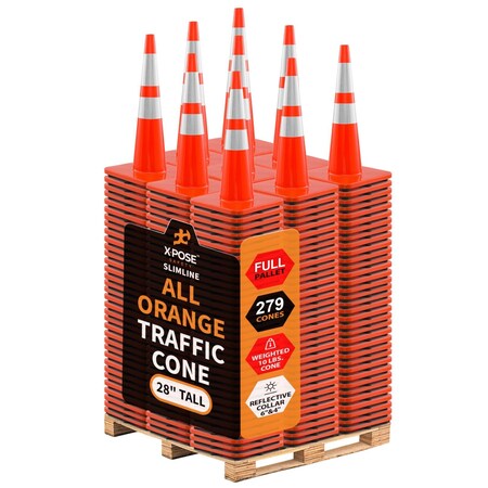 Xpose Safety 28 Inch Orange Slim Line Traffic Cones Heavy Duty 10lb with 6in and 4in Collars, DOT Approved, 279PK AOTC28SL-64-10L-FP279-X
