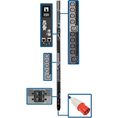 Eaton Tripp Lite Series 28.8kW 220-240V 3PH Switched PDU LX Interface GB 30 Outlets IEC 309 63A Red PDU3XEVSR6G63B