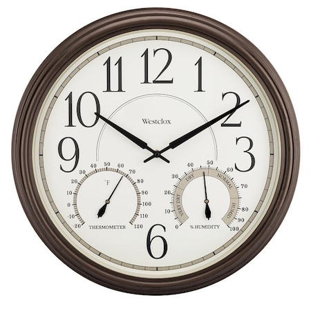 Westclox Clock, 20 in Dia, Round, Bronze Frame, Plastic Clock Face, Analog, Glass Lens 32247