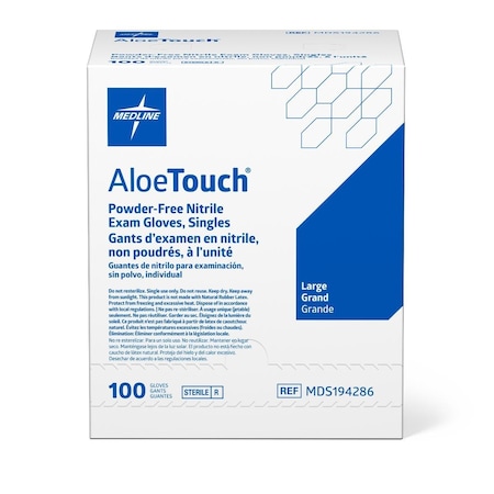 Medline AloeTouch Powder-Free Nitrile Exam Glove, Single Glove, Sterile, Size L, 9in, 100PK MDS194286Z