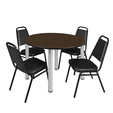 Regency Round Kee Breakroom Table W/ 4 Restaurant Stack Chairs, 48 in W, 48 in L, Neo Walnut TB48RNDNWBPCM29BK