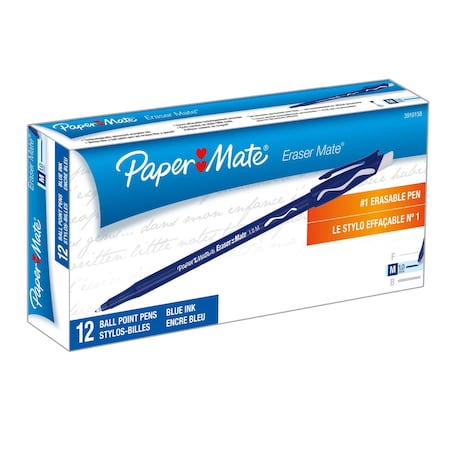 Paper Mate Eraser Mate Erasable Pen, Medium Point, Blue, 12 Count, 12PK 39101