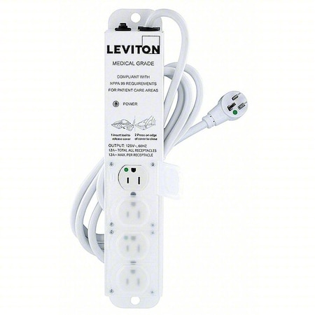 Leviton Outlet Strip, 4 Hospital Grade, NEMA 5-15P, 7 ft 5304M-1N7