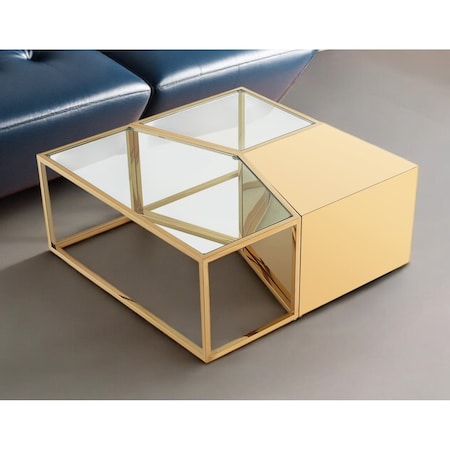 Homeroots Set of Three 37" Clear And Gold Glass And Stainless Steel Square Mirrored Bunching Coffee Tables 528845