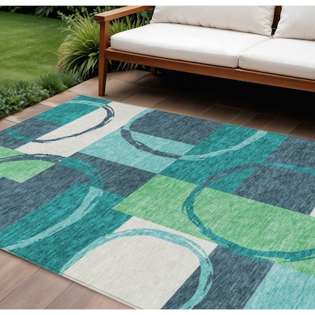 Homeroots 8' X 10' Teal Blue And Green Geometric Washable Indoor Outdoor Area Rug 612596