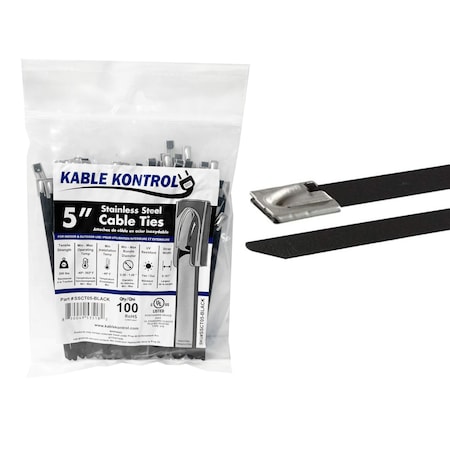 Kable Kontrol Cable Tie, 5 in L, 1 in Max Bundle Dia., Black, 304 Stainless Steel, 200 lb Strength, 100 PK SSCT-05-BLACK