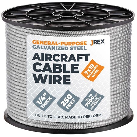 Jrex Safety 7x19 Galvanized Steel Aircraft Cable Wire - 1/4" x 250' Reel - 7,000 lb Break Strength GAC14-JR-250FT