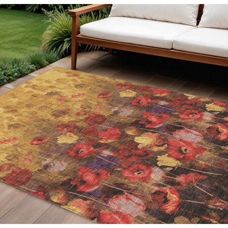 Homeroots 10' X 14' Gold Red And Brown Floral Washable Indoor Outdoor Area Rug 597062