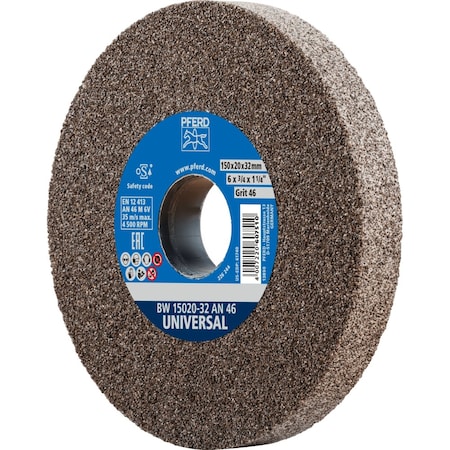 Pferd Vitrified Bench Wheel, UNIVERSAL, 6" x 3/4 x 1-1/4, 46 Grit, Aluminum Oxide 61740