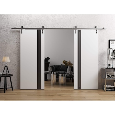 Sartodoors Double Barn Door 64 x 96 inches, Planum 0444 White Silk with Black Inserts and Frosted Glass, 13FT PLANUM0444DB-S-WS-6496
