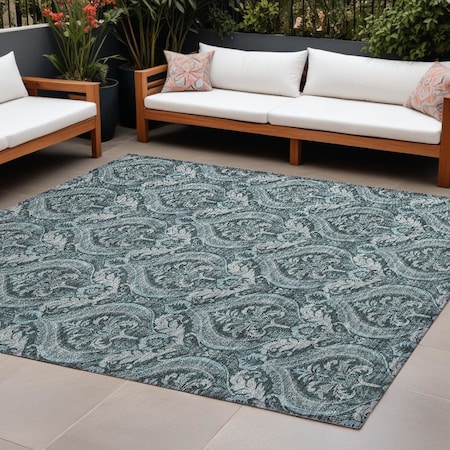Homeroots 8' X 10' Teal Damask Washable Non Skid Indoor Outdoor Area Rug 563904