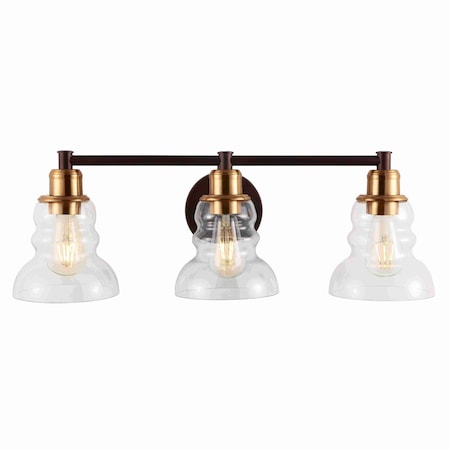 Jonathan Y Manhattan Vintage 25.5" 3-Light Metal/Glass Industrial Rustic LED Vanity, Brass Gold/Oil Rubbed Bronz JYL3546A
