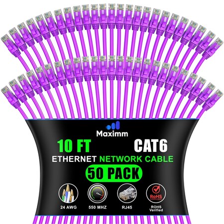 Maximm Cat6 Ethernet Cable 10ft 10Gbps 550MHz UTP, 50PK, Purple, 50PK CAT6CCA-10PU-50PK
