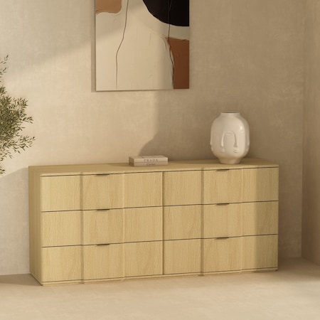 Manhattan Comfort Clive 72in Dresser in Natural Oak and Gold (6-Drawer) DR1562-1