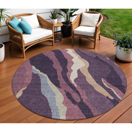 Homeroots 8' Plum Purple And Ivory Round Abstract Washable Indoor Outdoor Area Rug 600986