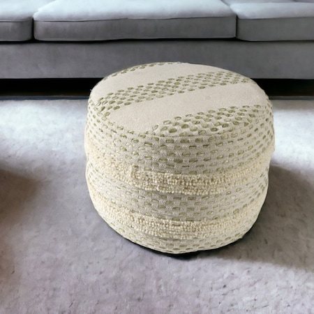 Homeroots 18" Ivory And Green Cotton Blend Round Striped Pouf Ottoman 551567