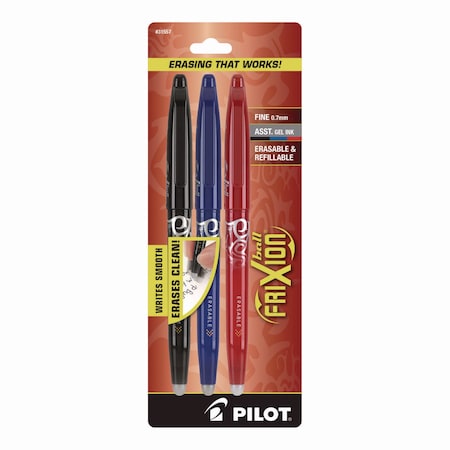 Pilot FriXion Ball Erasable Gel Pen, Stick, Fine 0.7 mm, Assorted Ink and Barrel Colors, 3PK 31557