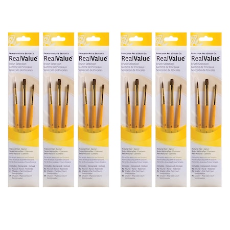 Princeton RealValue Brush Set, Camel Bristles, Short Handle Mixed Media Paintbrush, Brown, 3-Piece Set, 6PK PR9101