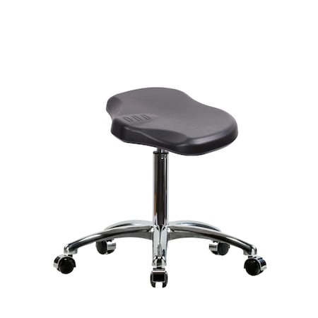 Blue Ridge Ergonomics Polyurethane Ray Stool Chrome - Medium Bench Height with Chrome Casters in Black Polyurethane PRPMBSL-CR-NF-CC-BLK