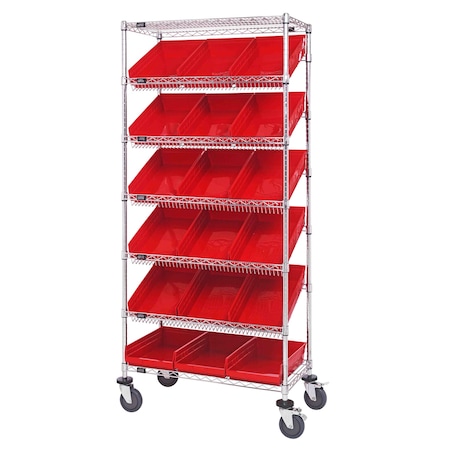 Quantum Storage Systems WIRE SHELVING UNIT W/18 RED BINS MOBILE MWRS-7-110RD