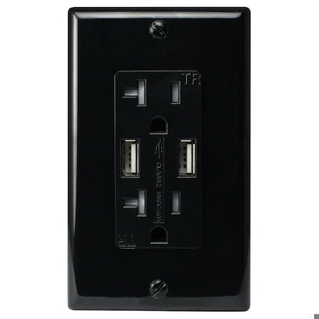 Automation Systems Interconnect Wall Outlet 20 Amp Tamper Resistant, with USB Charging Ports 5 Amp, Black, Includes Wall Plate ATUR5.0-20-B