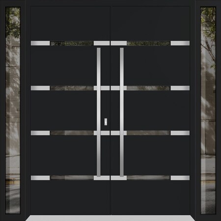 Vdomdoors Aluminum Double Doors Deux 1105 Black Enamel Mirrored Clear Glass 2 Sidelights Entry Modern Painted DEUX1105DEXD-BLK-W12+72+12xH96-LH-I